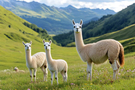 White llamas standing in green field with mountain landscape in background on a sunny dayの素材