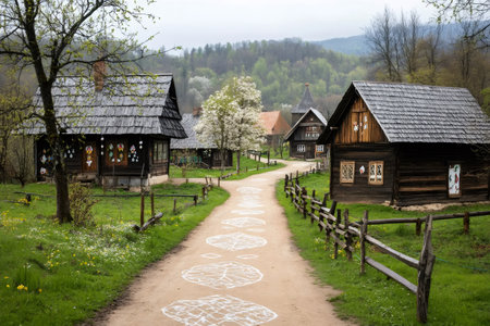 Scenic view of traditional wooden houses in a picturesque village, embracing the charm of rural life in springtimeの素材