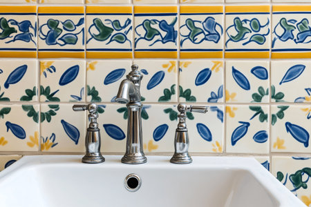 Chrome faucet over white ceramic sink and colorful Portuguese tiles decorating bathroom wall, home interior designの素材