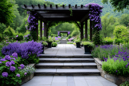 Scenic view of a serene garden path enhanced by a charming wooden pergola and vibrant purple flowersの素材