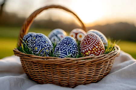 Hand painted easter eggs in a wicker basket during a beautiful sunsetの素材