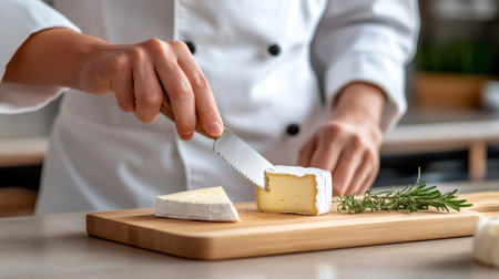 Chef cutting brie cheese with rosemary on wooden board in professional kitchenの素材
