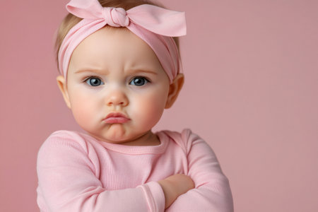 Portrait of a serious baby girl with pink headband crossing arms and making a sulky face on a pink backgroundの素材