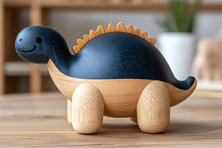 Wooden dinosaur toy standing on a wooden surfaceの素材