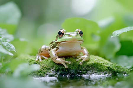 Green frog resting on mossy rock in its natural habitat near fresh waterの素材