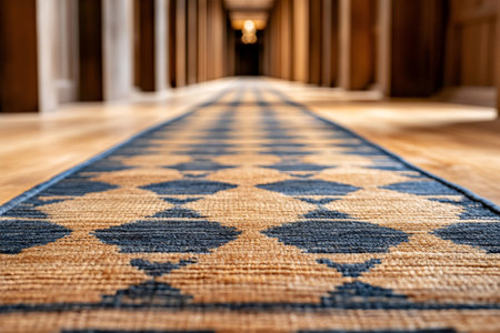 Close-up view of a patterned carpet covering the wooden floor of a corridorの素材
