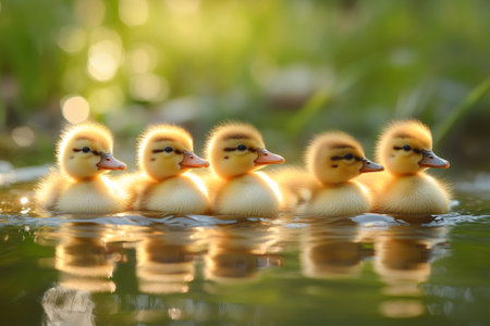 Five adorable yellow ducklings swimming in line on a pond at sunset, creating a perfect reflection on the calm waterの素材