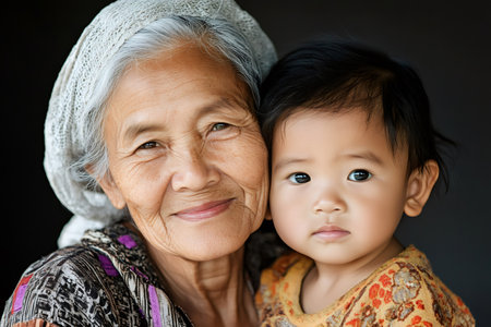 Asian grandmother and granddaughter smiling together, showing their connection and loveの素材