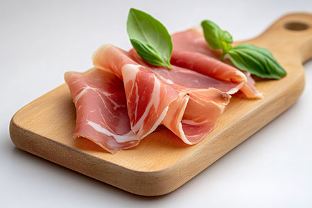 Thin slices of Italian dry-cured ham served on a wooden board with basil leaves as an appetizerの素材