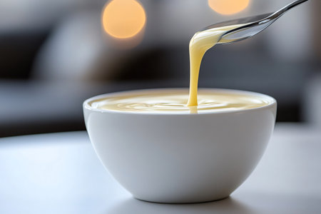 Sweetened condensed milk pouring from spoon into white bowl on blurred background with bokeh effectの素材