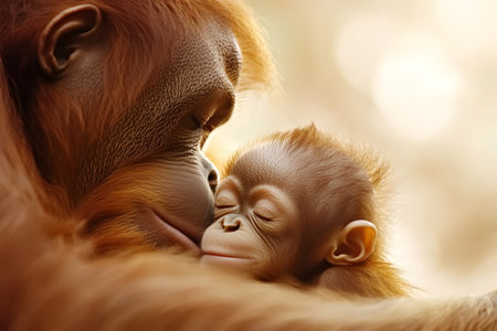 Close-up of a mother orangutan showing affection to her sleeping baby in a heartwarming display of maternal loveの素材
