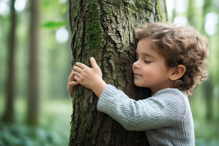 Little child is embracing a tree trunk with closed eyes, enjoying the contact with nature in a peaceful forestの素材