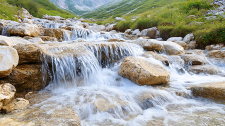 Crystal clear water flowing down rocks in a mountain stream, creating small waterfalls in a pristine natural environmentの素材