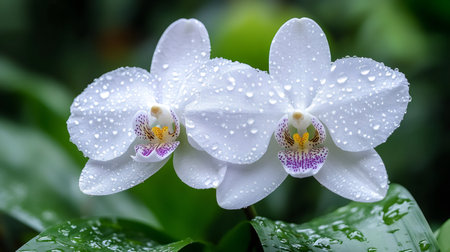 Two beautiful white orchids with purple spots are blooming after the rainの素材