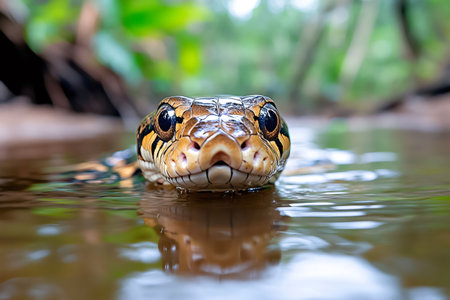 Dog-toothed cat snake swimming in river inside rainforest with reflection on waterの素材