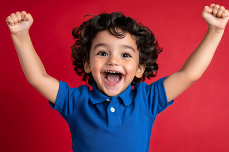 Portrait of a cheerful preschooler raising arms and screaming of joy on a vibrant red background, expressing happiness and excitementの素材