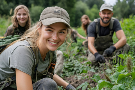 Group of farmers harvesting plants in a field, sustainable agriculture and healthy lifestyleの素材