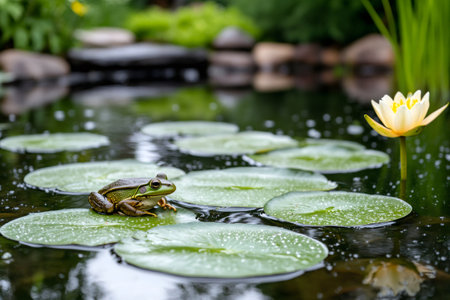 Peaceful pond with green frog resting on water lily pad and yellow water lily flowerの素材
