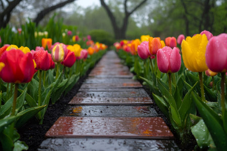 Raindrops falling on colorful tulips and a wet wooden path in a garden during a spring showerの素材