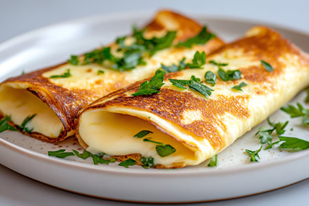 Two rolled crepes filled with cheese and garnished with fresh parsley, served on a white plate for breakfast or brunchの素材