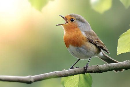 European robin perched on a branch singing in springの素材