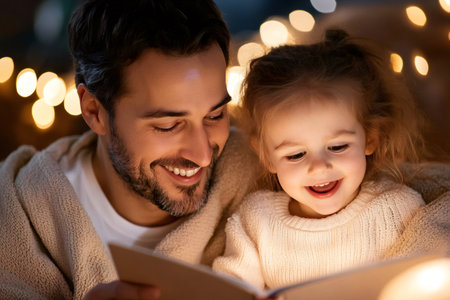 Happy father and little daughter reading a book by Christmas lightsの素材
