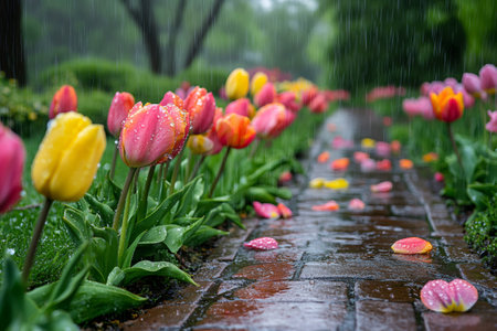 Raindrops falling on colorful tulips and a brick path in a gardenの素材