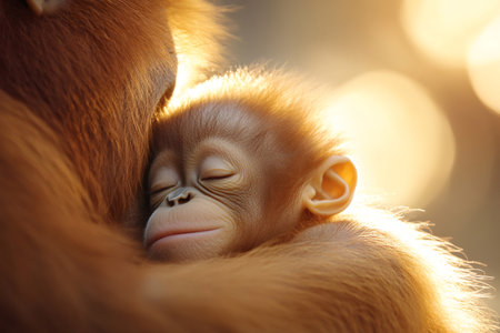 Baby orangutan sleeping and hugging its mother, with warm sunset light in the backgroundの素材