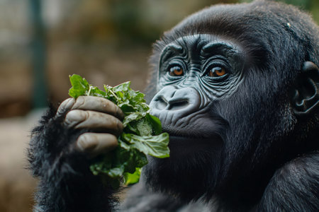 Western lowland gorilla eating fresh green leaves in a zoo or wildlife parkの素材