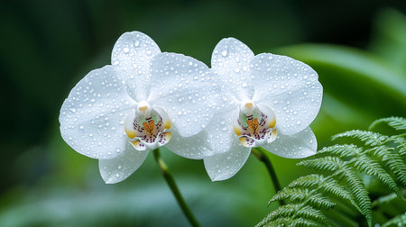 Two white phalaenopsis orchids with water drops blooming near a fernの素材