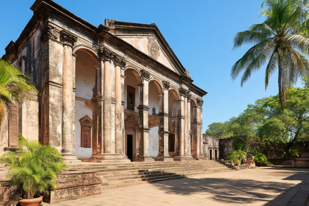 Weathered facade of the Cathedral of Old Goa, showing columns and arches under clear blue sky, with trees and plants in the courtyardの素材