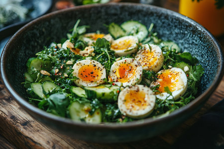 Green salad with boiled eggs, cucumber, arugula, parsley and spices is served in a bowl placed on a wooden tableの素材