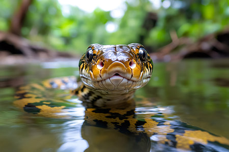 Dog-faced water snake swimming in river in the Amazon rainforest, close-up portrait showing the details of its scales and eyesの素材
