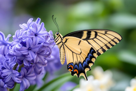 Close-up of colorful papilio machaon butterfly pollinating hyacinth flower in springtime garden with blurred backgroundの素材