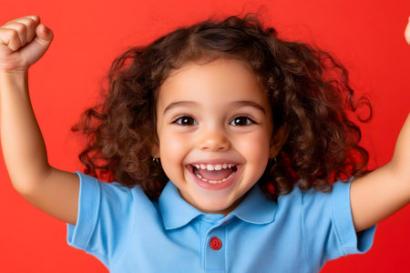 Cheerful preschool girl raising arms and celebrating on red background, expressing joy and excitementの素材