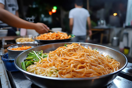 Delicious pad thai noodles being prepared in a wok pan by a street vendorの素材