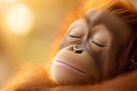 Close-up of a baby orangutan sleeping peacefully with closed eyes, enjoying the warm sunlightの素材