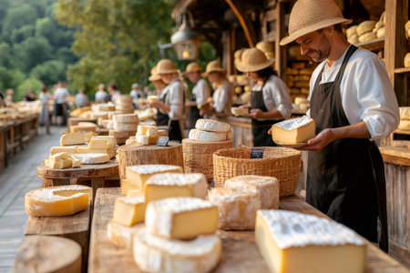 Cheesemonger proudly presenting a large piece of cheese at a traditional outdoor cheese market, surrounded by various types of cheeseの素材