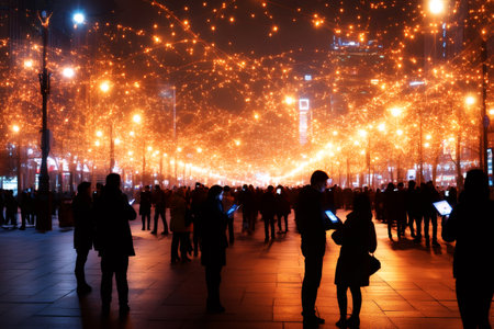 Urban citizens using smartphones walking in illuminated city street at nightの素材
