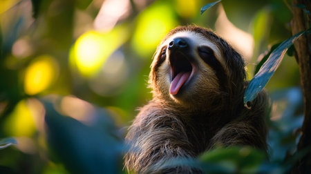Brown-throated three-toed sloth (bradypus variegatus) yawning while hanging from a tree branch in the rainforestの素材