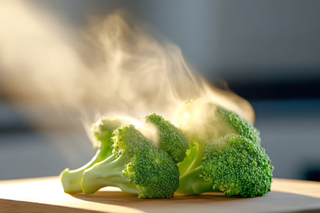 Steaming broccoli florets on wooden cutting board, illuminated by sunlight, creating a healthy and delicious culinary sceneの素材
