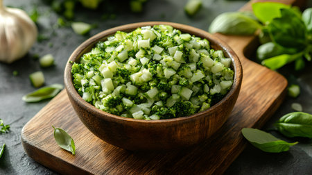 Chopped broccoli florets in a wooden bowl on a cutting board, creating a healthy and vibrant mealの素材
