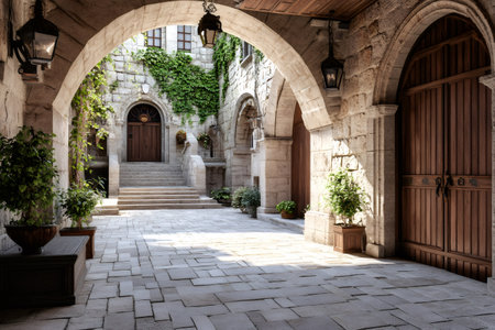 Ivy growing on the stone walls of an old building with arches, wooden doors, and potted plants in a paved courtyardの素材
