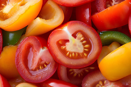Freshly cut tomatoes and bell peppers forming a vibrant and colorful backgroundの素材
