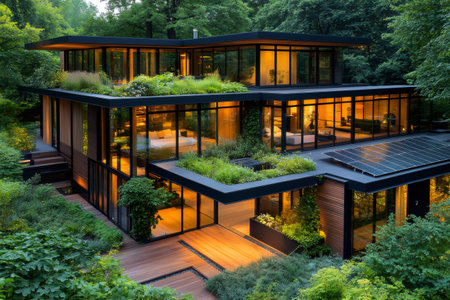 Luxurious sustainable house with green roof and solar panels, integrating nature and modern architectureの素材