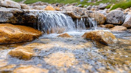 Crystal-clear water flows over rocks in a pristine mountain stream, creating a tranquil scene of natural beautyの素材