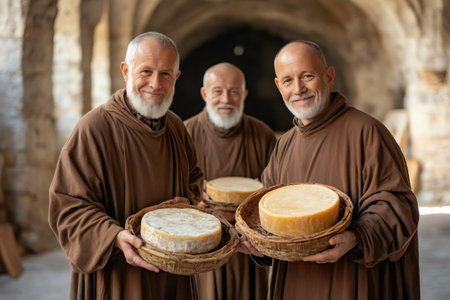 Three monks showing their cheese production, holding cheese wheels in wicker baskets inside a cellarの素材
