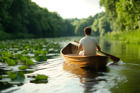 Man paddling a wooden boat on a river with water lilies at sunset, enjoying the peace and quiet of natureの素材