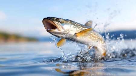Big fish, northern pike, jumping above water surface with splashingの素材