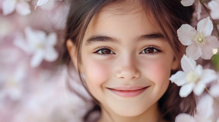 Close-up portrait of a cheerful child surrounded by white flowers, enjoying the beauty of spring natureの素材